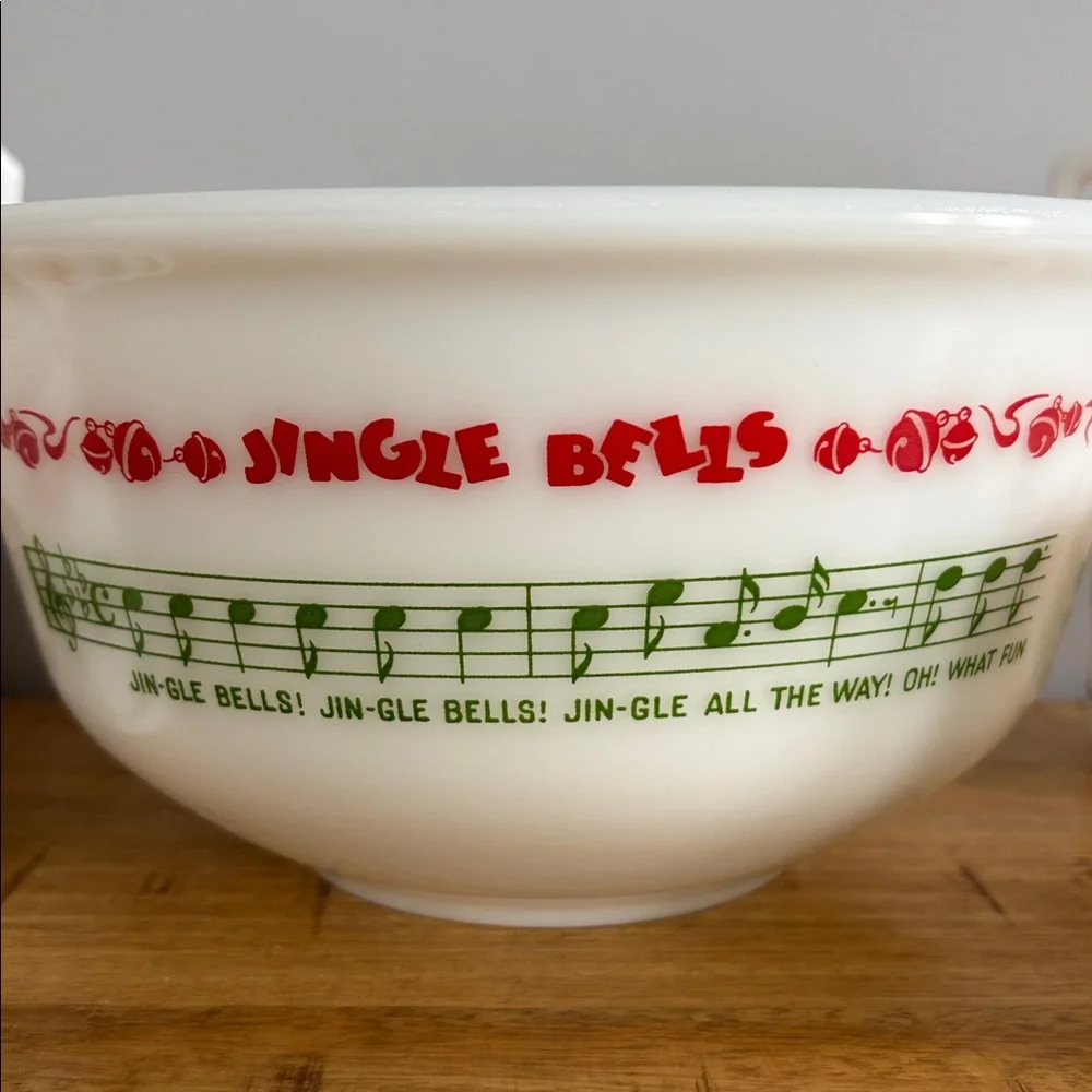 Vintage Hazel Atlas Holiday Milk Glass Punch Bowl with Mugs Jingle Bells Egg Nog